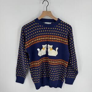 Vintage Jennifer Adams Cat Sweater Blue Fair Isle Knit USA Made Acrylic